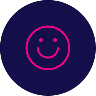 A round dark blue circle icon with a pink smile outline. 