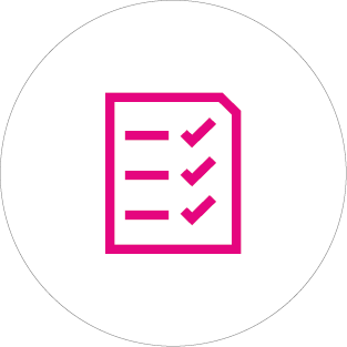 An Icon that is the outline of a checklist, the outline is pink and the ticks inside are also pink. 