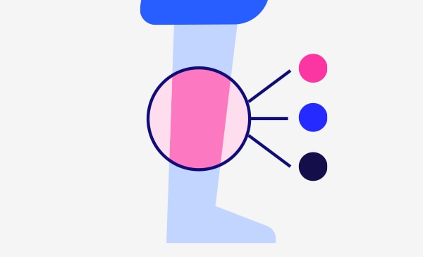 Leg illustration with pink, electric blue, and navy callout circles